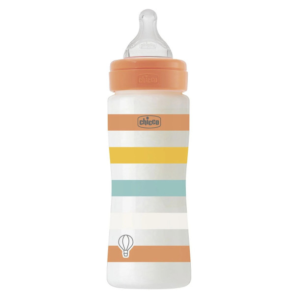 Бутылочка для кормления пластиковая Chicco Well-Being Colors, с силиконовой соской 4м+, 330 мл Оранжевая (28637.31)