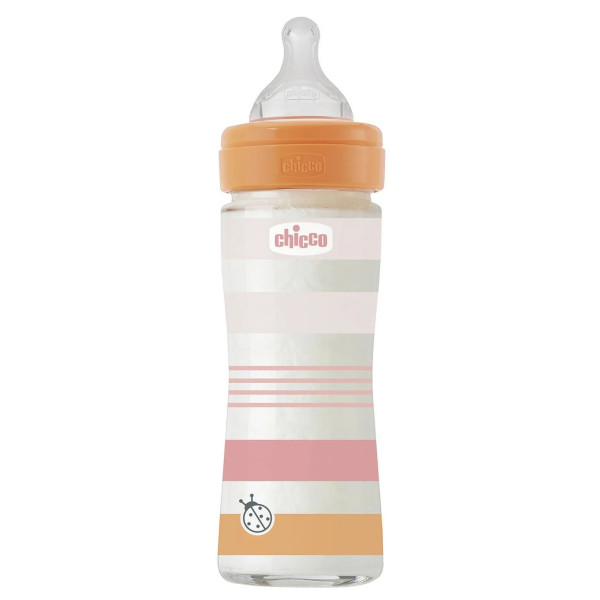 Бутылочка для кормления стеклянная Chicco Well-Being Colors, с силиконовой соской 0м+, 240 мл Розовая (28721.11)