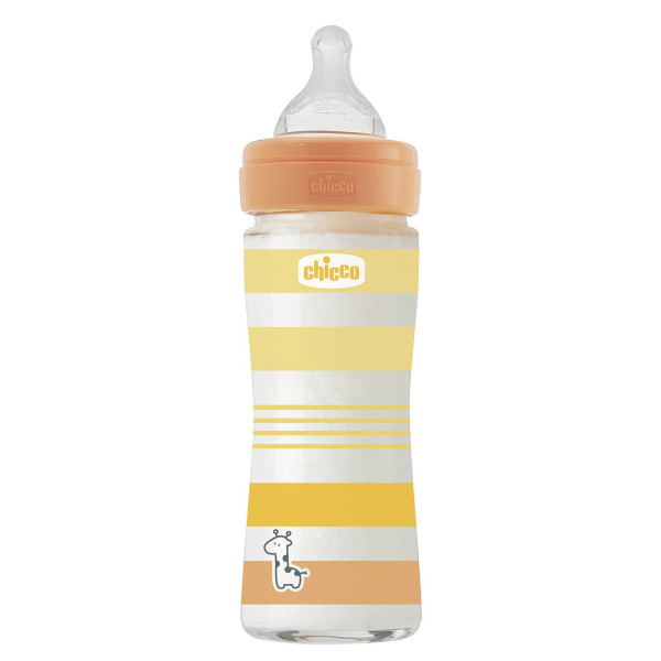 Бутылочка для кормления стеклянная Chicco Well-Being Colors, с силиконовой соской 0м+, 240 мл Оранжевая (28721.31)