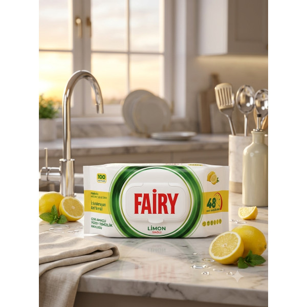 Універсальні серветки від жиру та плям FAIRY POWER Лимон з активним киснем, содою та оцтом (100 шт)